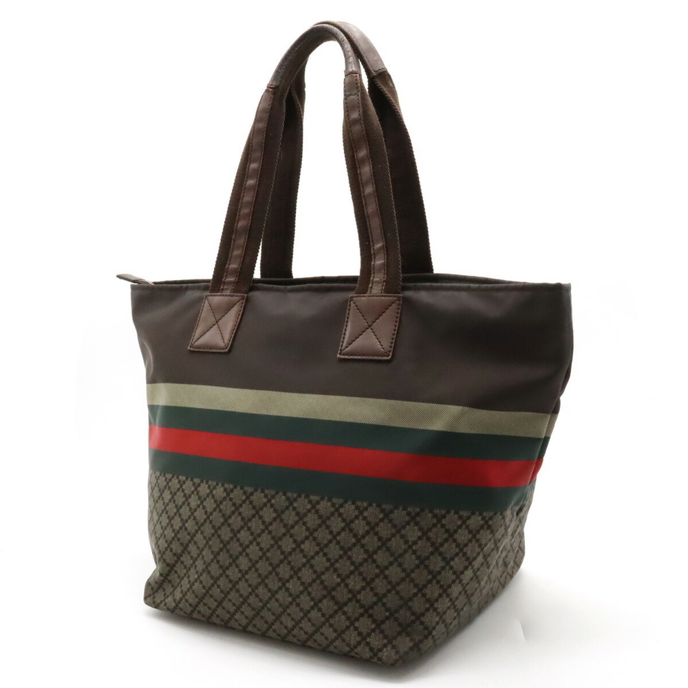 Gucci Brown Bag Sherry Line Leather Tote Green Diamante Red Nylon - Picture 1 of 8